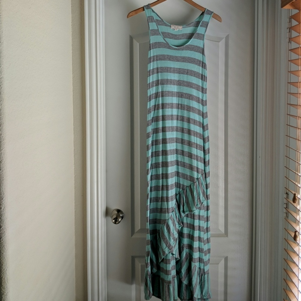 Blue and grey striped maxi dress